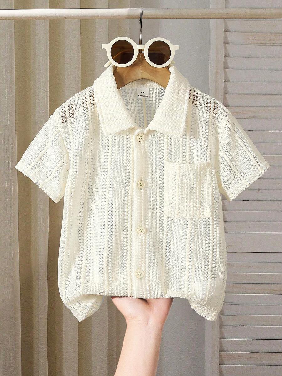 SHEIN 1pc Young Boy Korean Style Minimalist Ivory Hollow Vertical Striped Collared Short Sleeve Shirt, Textured Fabric, Refreshing For Summer, Suitable For Beach, Casual, Daily Wear, Spring/Summer Outings, Celebrations, Back To School - Beige - View 1