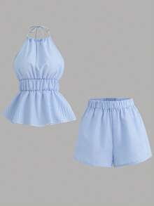 SHEIN PETITE Women's Striped Halter Tie Ruched Top And Shorts Casual Daily Outfit - Blue - View 7