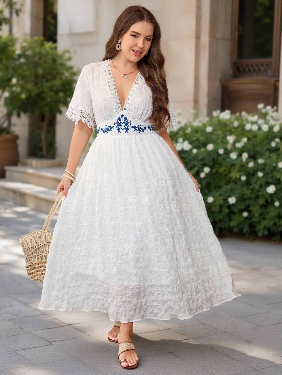 Lacomfia Plus Size Women's Contrast Lace Deep V Elegant Dress - White - View 1