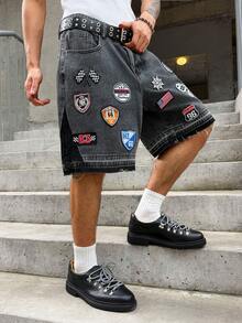 Manfinity EMRG 男士夏季刺繡牛仔短褲，寬鬆街頭風街頭穿搭百慕達短褲 日拳擊深灰色，度假 - 深灰色 - 查看 3