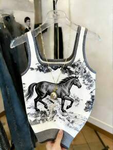SHEIN Atasan Wanita Motif Kuda Kasual Serbaguna untuk Pemakaian Sehari-hari - Blue and White - View 5