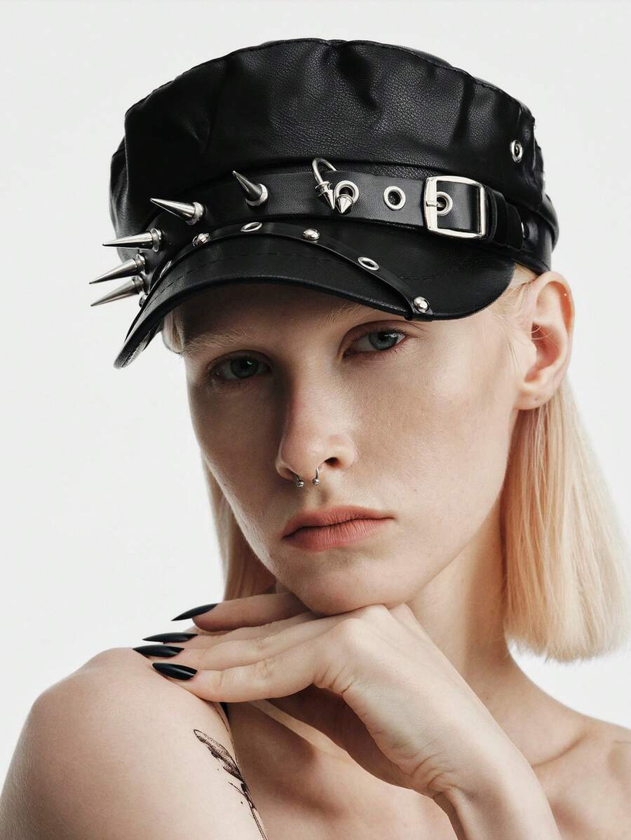 MortiRose 1pc Women's Fashion Rivet Decor Metal Leather Belt Buckle Beret Hat - Black - View 1