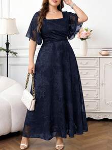 Reflora Plus Size Women's Square Neck Ruffle Sleeve Elegant Dress - Navy Blue - View 1