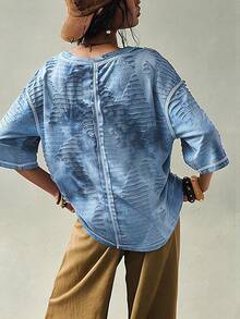 SoleilVie Áo kiểu nữ cổ tròn, họa tiết nhuộm tie-dye, dáng rộng, tối giản, phong cách thường ngày. - Màu xanh lam - Xem 2