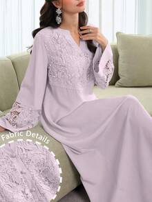 Al Najma V-Neck Flare Sleeve Patchwork 3D Embroidered Floral Trim Robe, Spring/Summer - Mauve Purple - View 2