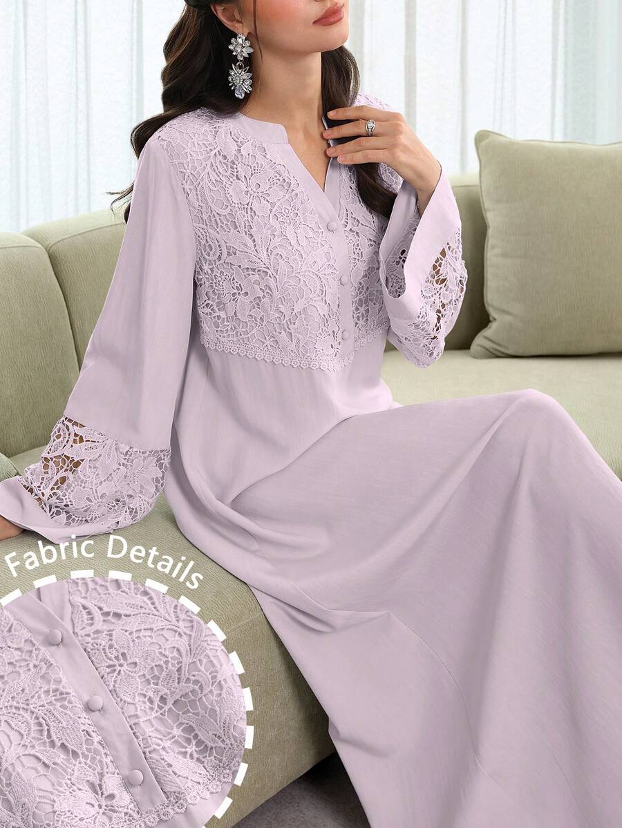 Al Najma V-Neck Flare Sleeve Patchwork 3D Embroidered Floral Trim Robe, Spring/Summer