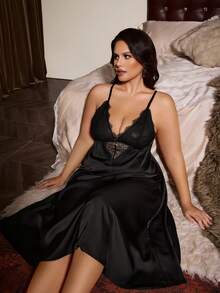Slumberist Satin Lace Camisole Nightgown, Deep V Criss-Cross Backless, Sensual Sleepwear - Black - View 4