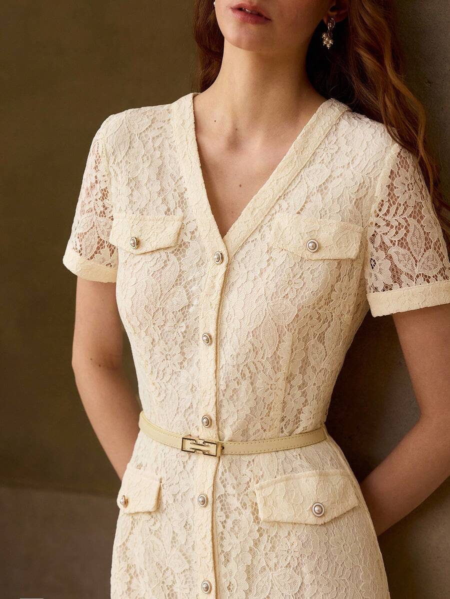 MOTF PREMIUM WOMEN'S ELEGANT LACE FRONT BUTTON SHORT SLEEVE DRESS - White - View 2