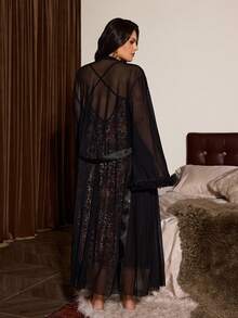 Slumberist Mature Leopard Print Sheer Mesh Lace Crisscross Backless Sexy Plus Size Women Slip Dress + Black 3D Mesh Sleeve Plus Size Robe 2 Piece Set - Multicolor - View 2