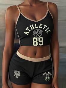 Livesso 2pcs/Set Women's Numeric Graphic Fitted Contrast Trim Adjustable Strap Crop Top And Shorts Pajama Set, Summer - Black - View 5