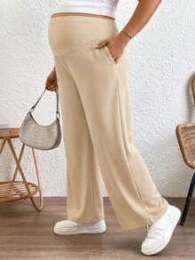 Plussiva Plus Size Maternity Solid Color Comfortable Casual Soft Form Adjustable Waist Wide Leg Pants Dates Summer - Apricot - View 6