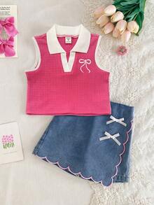 Elladie kids 2件組少女夏季開學穿搭，紋理針織背心上衣搭配牛仔裙褲，愛心裝飾荷葉邊下擺與櫻桃刺繡復古套裝 - 玫紅色 - 查看 1