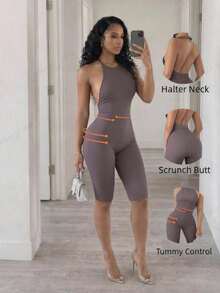 BamGleam Bộ jumpsuit dệt kim liền mạch, cổ yếm, hở lưng, gợi cảm. - Bụi tím - Xem 1