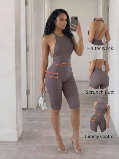 BamGleam Bộ jumpsuit dệt kim liền mạch, cổ yếm, hở lưng, gợi cảm.