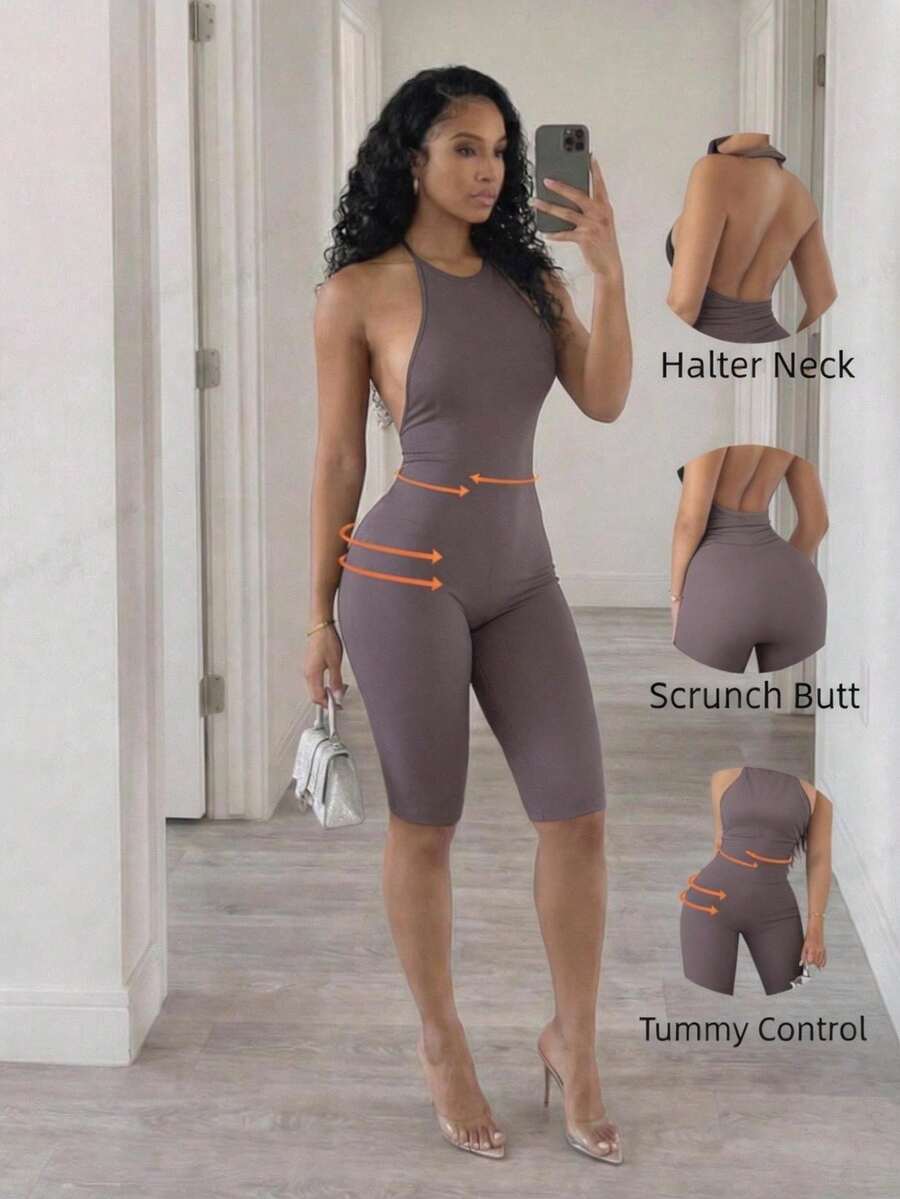 BamGleam Bộ jumpsuit dệt kim liền mạch, cổ yếm, hở lưng, gợi cảm. - Bụi tím - Xem 1