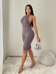 BamGleam Bộ jumpsuit dệt kim liền mạch, cổ yếm, hở lưng, gợi cảm. - Bụi tím - Xem 4