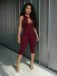 Slaydiva Summer Burgundy Casual Bandage Slim Fit Eyelet Cutout Sleeveless Capri Jumpsuit For Women Gym Cow Boy Street Style Music Festivals Club Night Parties - Burgundy - View 5
