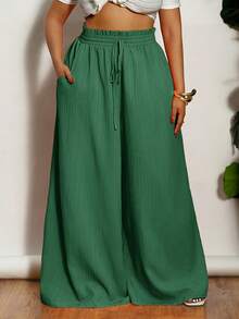 Slaydiva Plus Size Women High Waist Solid Color Drawstring Waist Wide Leg Pants, Vacation - Army Green - View 1