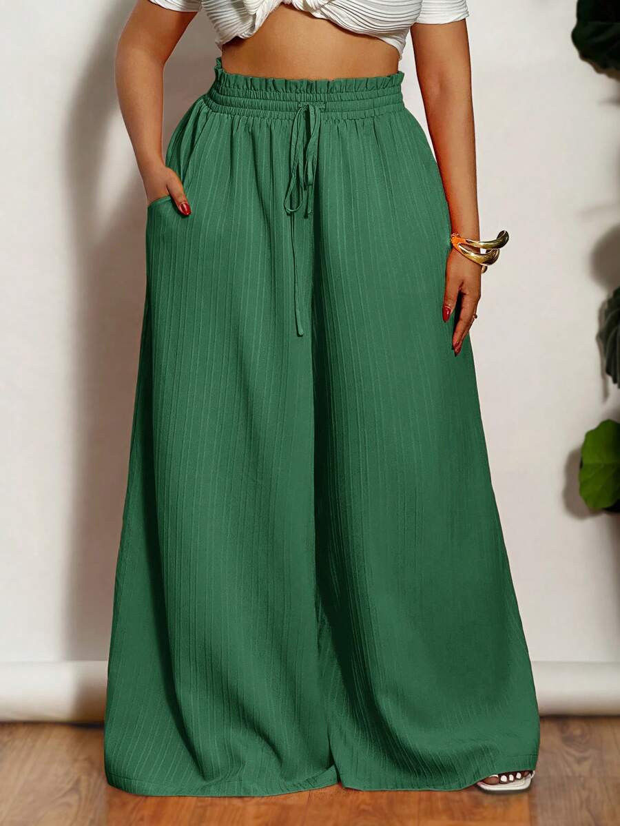 Slaydiva Plus Size Women High Waist Solid Color Drawstring Waist Wide Leg Pants, Vacation - Army Green - View 1
