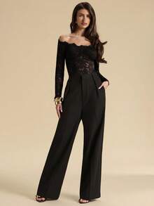 SHEIN BAE Wine Red Off-Shoulder Tight-Fitting Long Lace Sheer Bodysuit, Beach Resort, Outing Wedding Guest Attire, Spring/Summer - Black - View 3