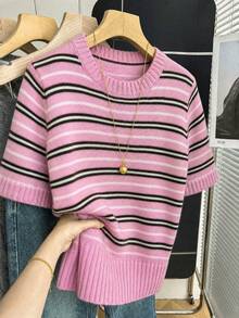SHEIN 新款春夏韩版休闲宽松个性条纹撞色针织女式上衣 - 粉色 - 查看 7