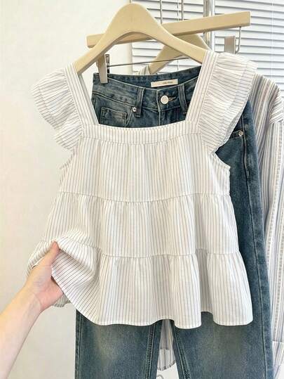 SHEIN Frenchy Camicia casual minimalista da donna con stampa a righe sottili nere su tutto il capo, maniche corte, adatta per primavera/estate, vacanze, versatile