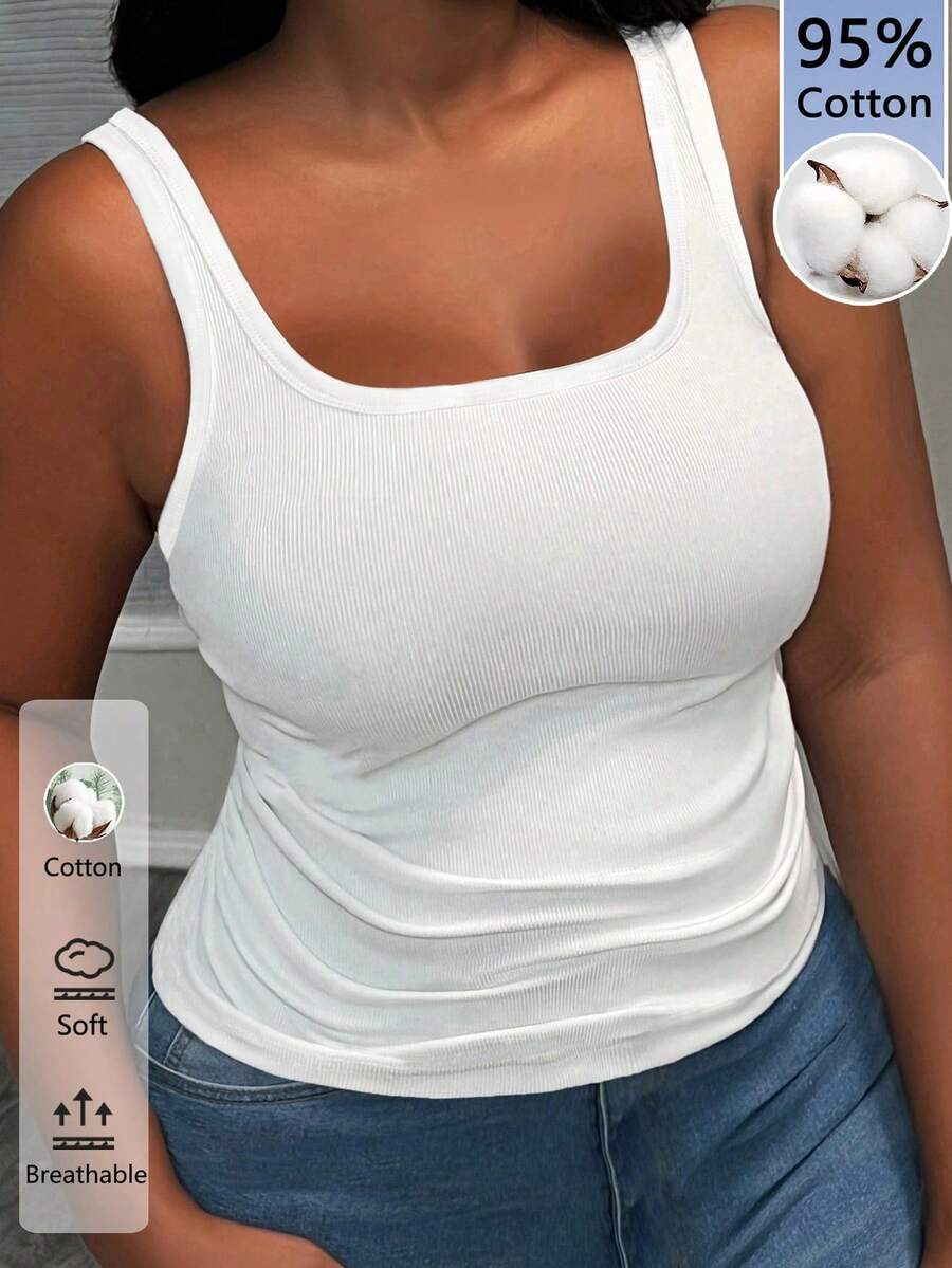 Slaydiva Camiseta sin mangas de punto acanalado de cuello en U de talla grande, 95% algodón, color blanco, con textura acanalada y detalle fruncido en los laterales - Blanco - Ver 1