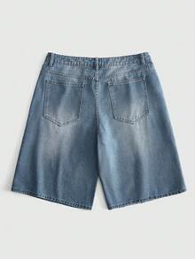 ROMWE MEN Washed Distressed Embroidered Patch Casual Loose Straight Leg Denim Shorts, Men - Blue - View 2