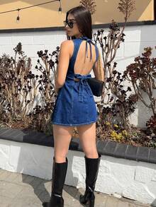 Sexy Backless Denim Mini Dress For Summer - Light Wash - View 2