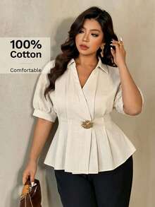 Auralis Beige Summer Smart Casual Office Bussines Formal Plus-Size Puff-Sleeved Fitted Pleated A-Line Metal-Buttoned Shirt Elegant Women Tops Teachers' Day - Apricot - View 2