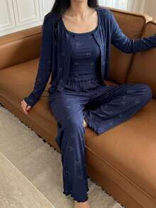 DAZY 3pcs Bow Print Allover Allover Print Camisole And Pants Women Pajama Set - Navy Blue - View 6
