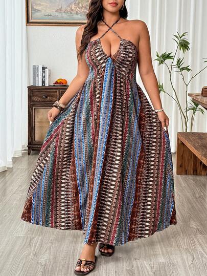Weeklong Plus Size Women's Striped Print V-Neck Tie-Up Sexy A-Line Dress, Spring/Summer Vacation Dress