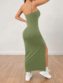 PETITE Women's Long Black Dress With High Slit Strap And Solid Color - Army Green - View 2