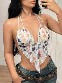 SHEIN ICON 女士时尚性感扎染印花网纱露背吊带背心红色上衣 - 彩色 - 查看 4