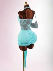 Amplova Đầm ngắn ren cổ yếm hở lưng gợi cảm với chi tiết áo corset, dễ thương và quyến rũ, thích hợp cho tiệc năm mới hoặc hẹn hò. - Màu xanh lam - Xem 14