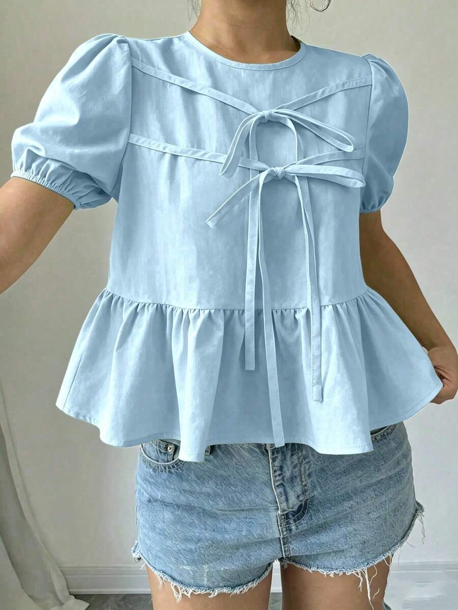 Elenzga Women's Summer Solid Color Round Neck Bubble Short Sleeve Bow Tie Blouse Peplum Top - Baby Blue - View 1