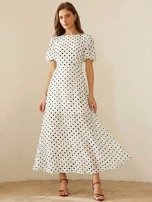 BELROSIE Vintage Chiffon Polka Dot Off-Shoulder Petal Sleeve Waist Cinched Dress - White - View 5
