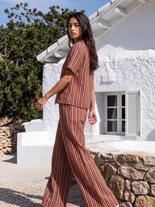 Nöista Chinese-Style Brown Striped Suit Features A Relaxed, Straight-Leg Cut And Classic, Versatile Color Scheme.Casual Suitable For Spring, Summer - Brown - View 6