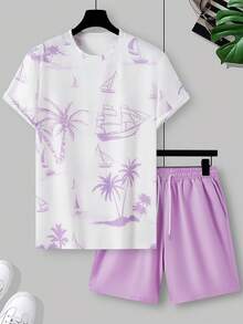 Manfinity RSRT Men's Tropical Print T-Shirt And Shorts Set, Holiday - Multicolor - View 3