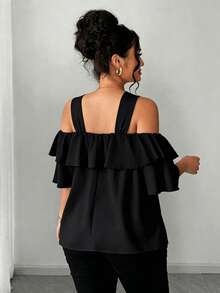 Elenzga Elegant Off-Shoulder Metal Decor Ruffle Trim Off-Shoulder Plus Size Blouse - Black - View 2