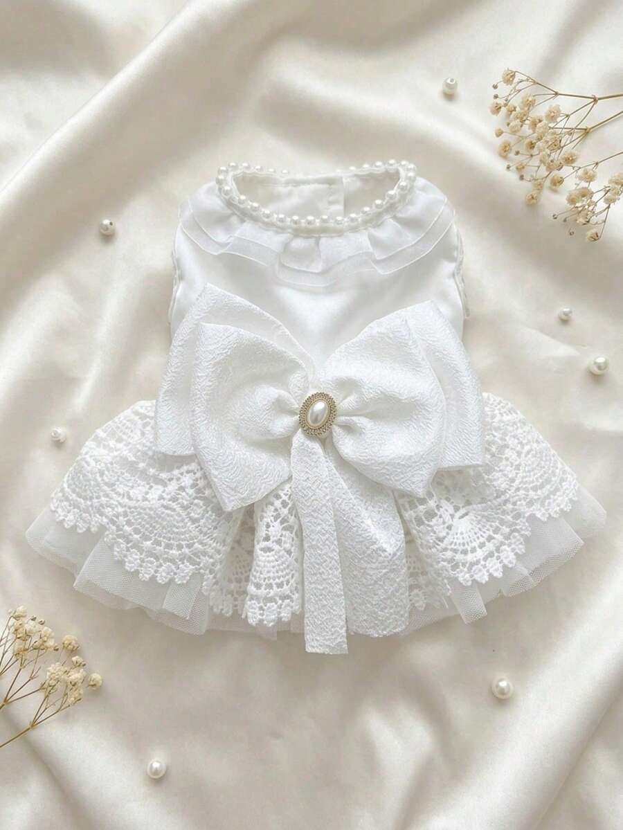 PETSIN 1pc Cat And Dog Universal Clothes, Princess Style Elegant White Lace Pet Wedding Dress With Pearl Big Bow And Ruffle Collar Decoration Luxurious Mesh Fluffy Small Dog Dress - White - View 1