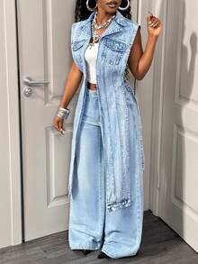 BamGleam Women's Casual Washed Denim Vest With Side Slit - Blue - View 4
