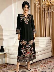 SHEIN Najma 大码女士热带植物印花黑色连衣裙，时尚V领喇叭袖长款连衣裙，优雅阿拉伯风格波西米亚风长裙，适合春夏穿着 - 彩色 - 查看 4