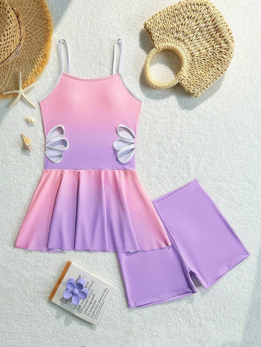 SHEIN 青少年女孩 2 件式坦克比基尼泳衣套裝,漸層粉紫色藍色,無袖短版上衣,腰部鏤空花卉設計,平口短褲,可愛 Y2K 夏季海灘度假風 - 彩色 - 查看 1