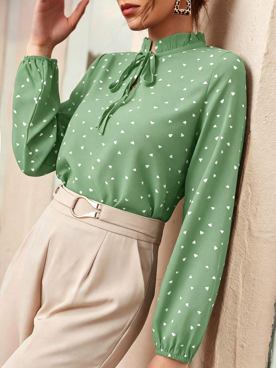 Modelyn 時尚年輕法式風心形波點長袖立領荷葉邊寬鬆顯瘦百搭女款襯衫 - 綠色 - 查看 1