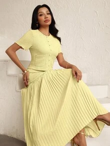 Modelyn Women's Elegant Pink Textured Short Sleeve Jacket & Pleated Skirt 2 Pieces Set - Light Yellow - View 7