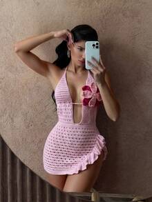 Swim SXY Pink Knitted Halter Tie Design Crochet Flower Decor Accessory Sexy Vacation Shawl - Pink - View 4