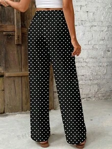 SHEIN Frenchy Pantalones casuales de cintura alta con estampado de lunares y lazo frontal, con cintura elástica para mujer - Blanco y Negro - Ver 2