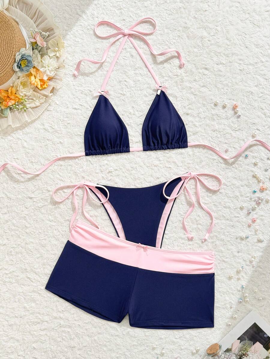 Swim Mod Bộ đồ bơi 3 món nữ 26SS Xuân/Hè mới, quần bikini tam giác buộc dây hở lưng cổ chữ V phối màu đen trắng tương phản, trang trí nơ, cho đi biển nghỉ dưỡng - Màu xanh hải quân - Xem 1