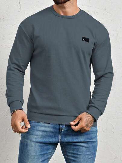OTTIMOZO Loose Fit Men's Letter Patched Detail Sweatshirt, Fall Grey Sweatshirt Grey Sweater Men Men Full Sleeve T-Shirt Mock Neck Men Sweatshirt For Men